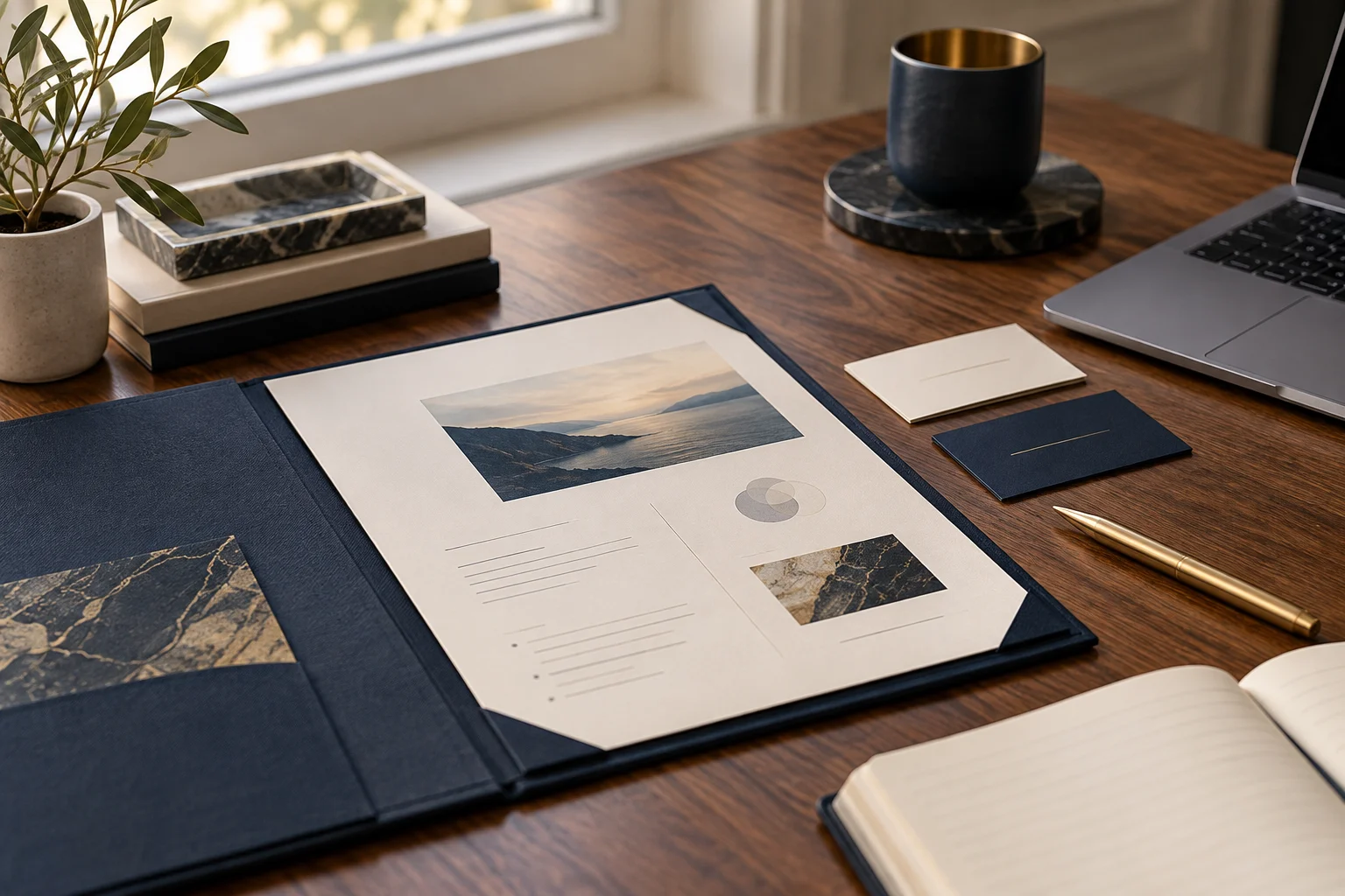 Illustrative business workspace with stationery and a presentation folder